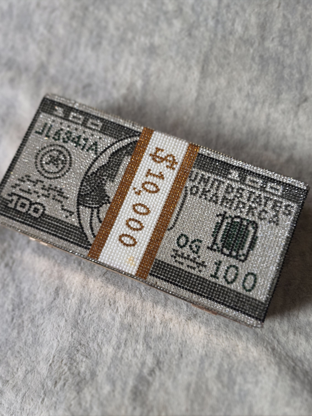 Crystal-Embellished Money Clutch in Green, White and Gold
